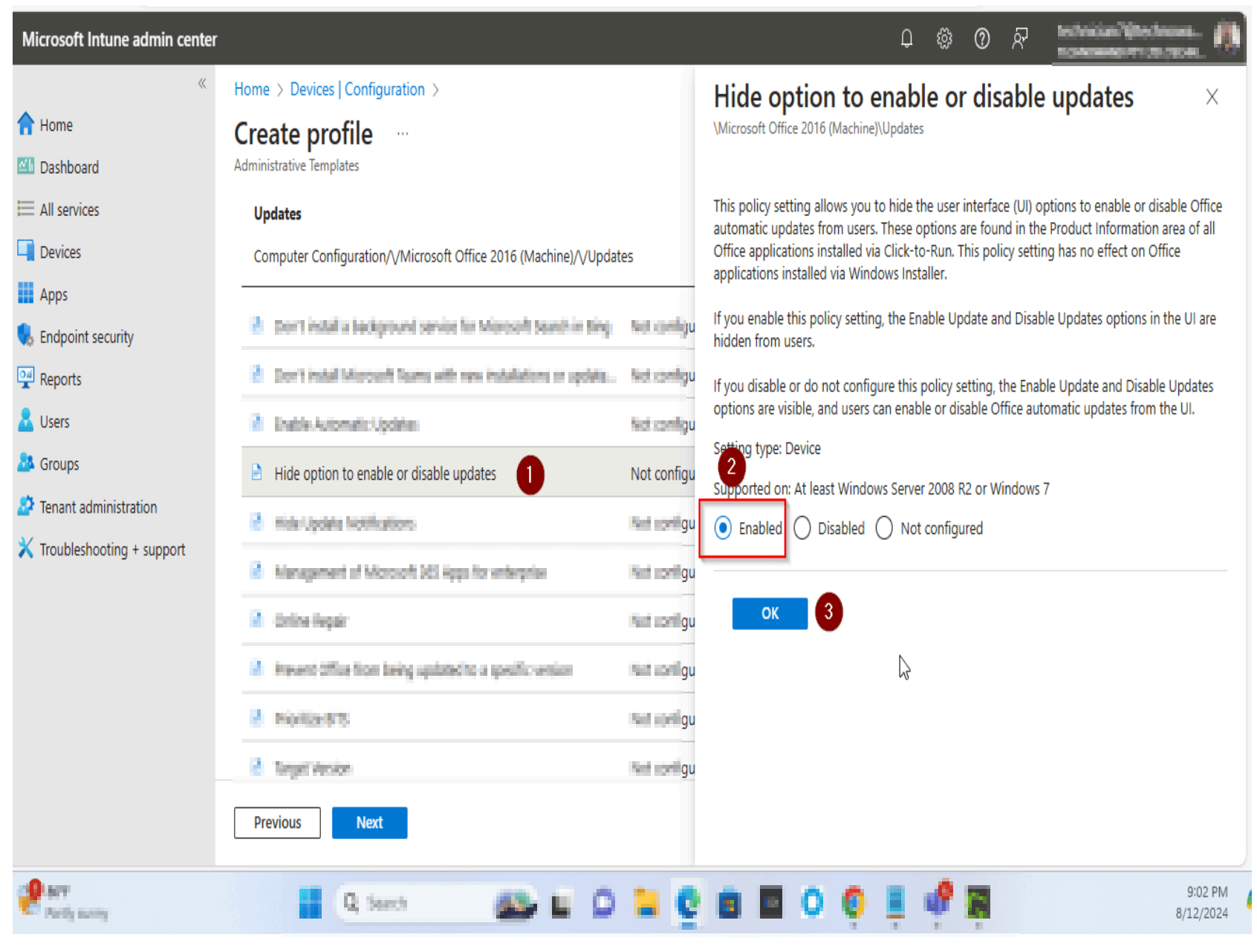 Navigate to Office Updates settings