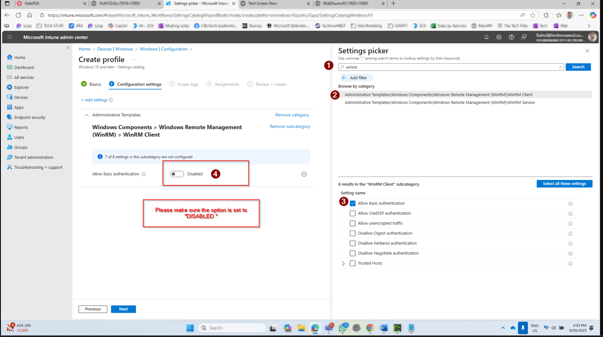 Search for the WinRM Client setting