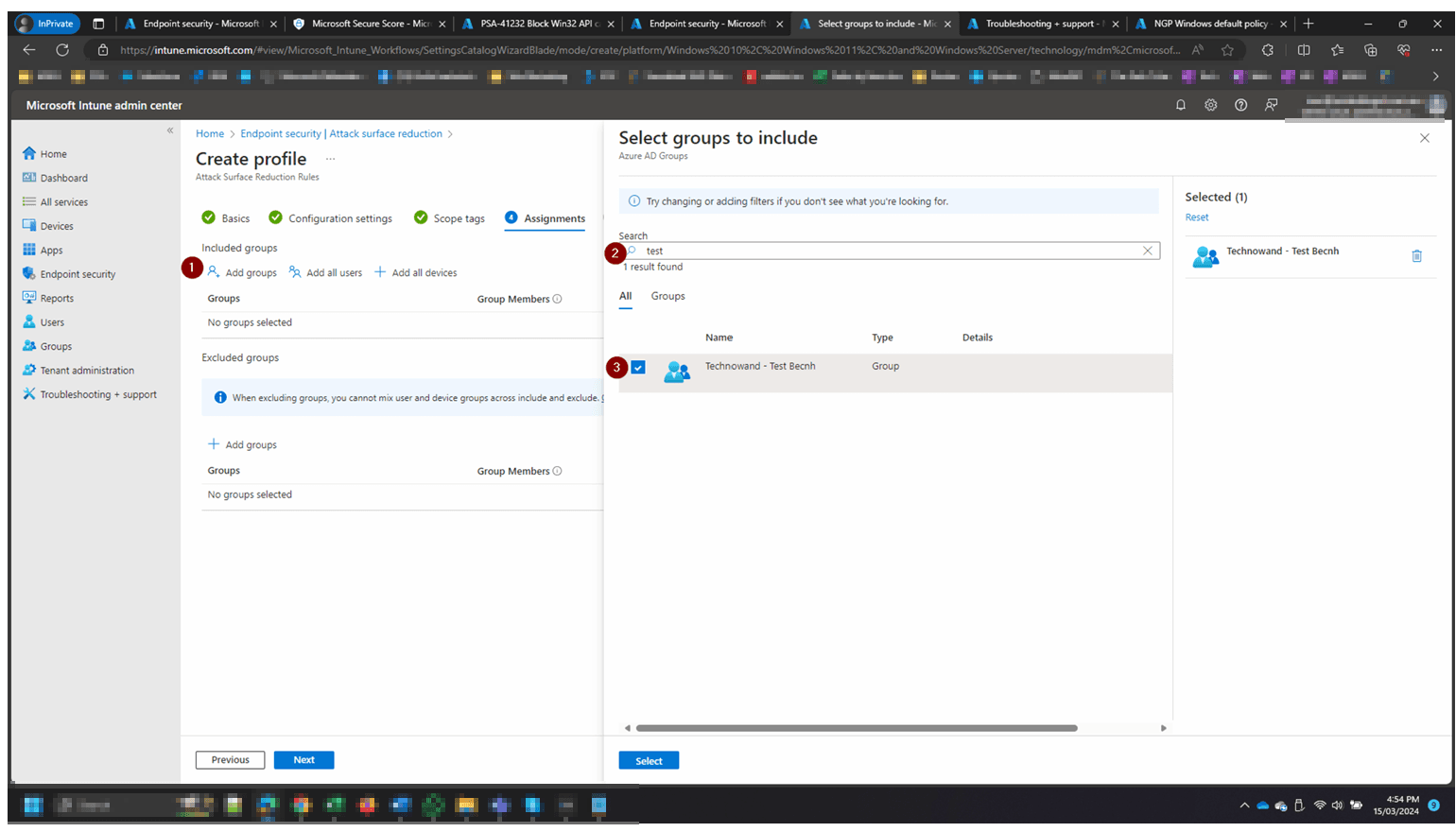 Assign the policy to the test bench group