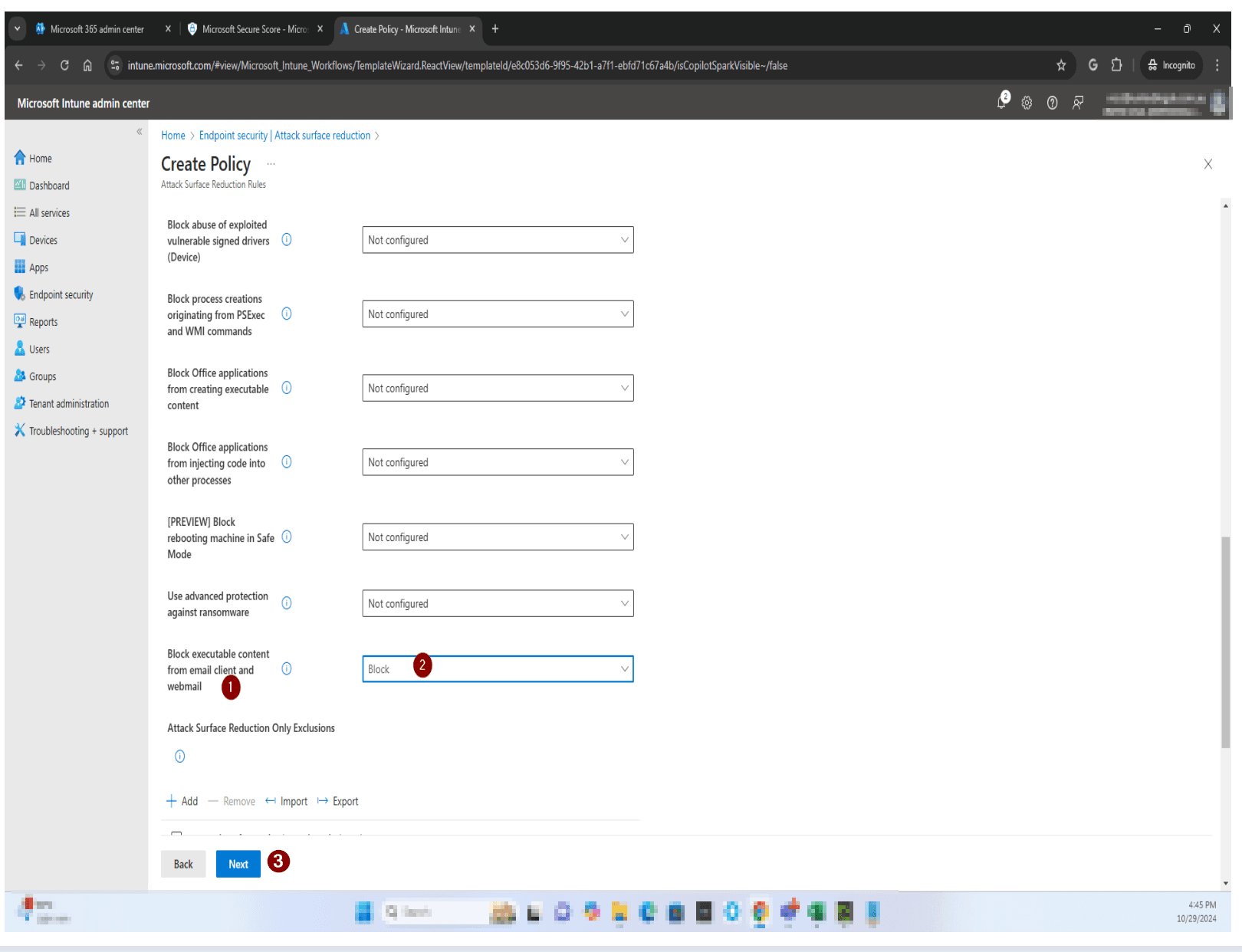 Locate and enable the executable content rule