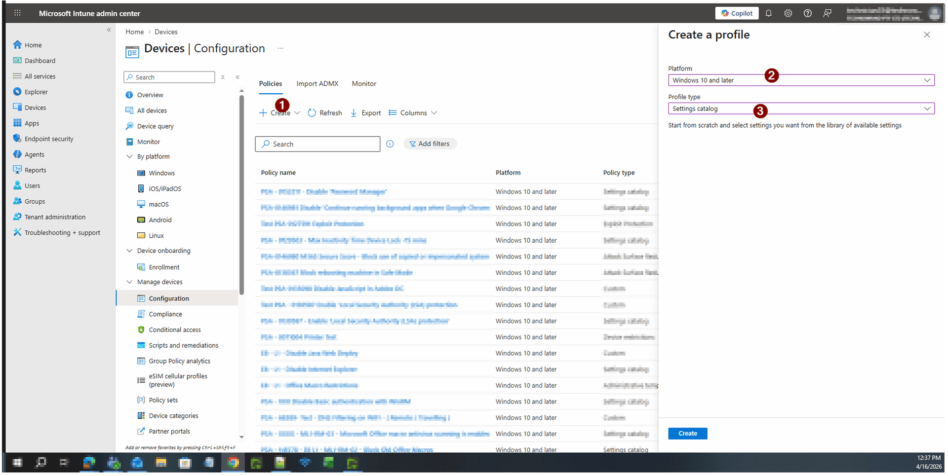 Go to Devices > Configuration profiles and create a new profile